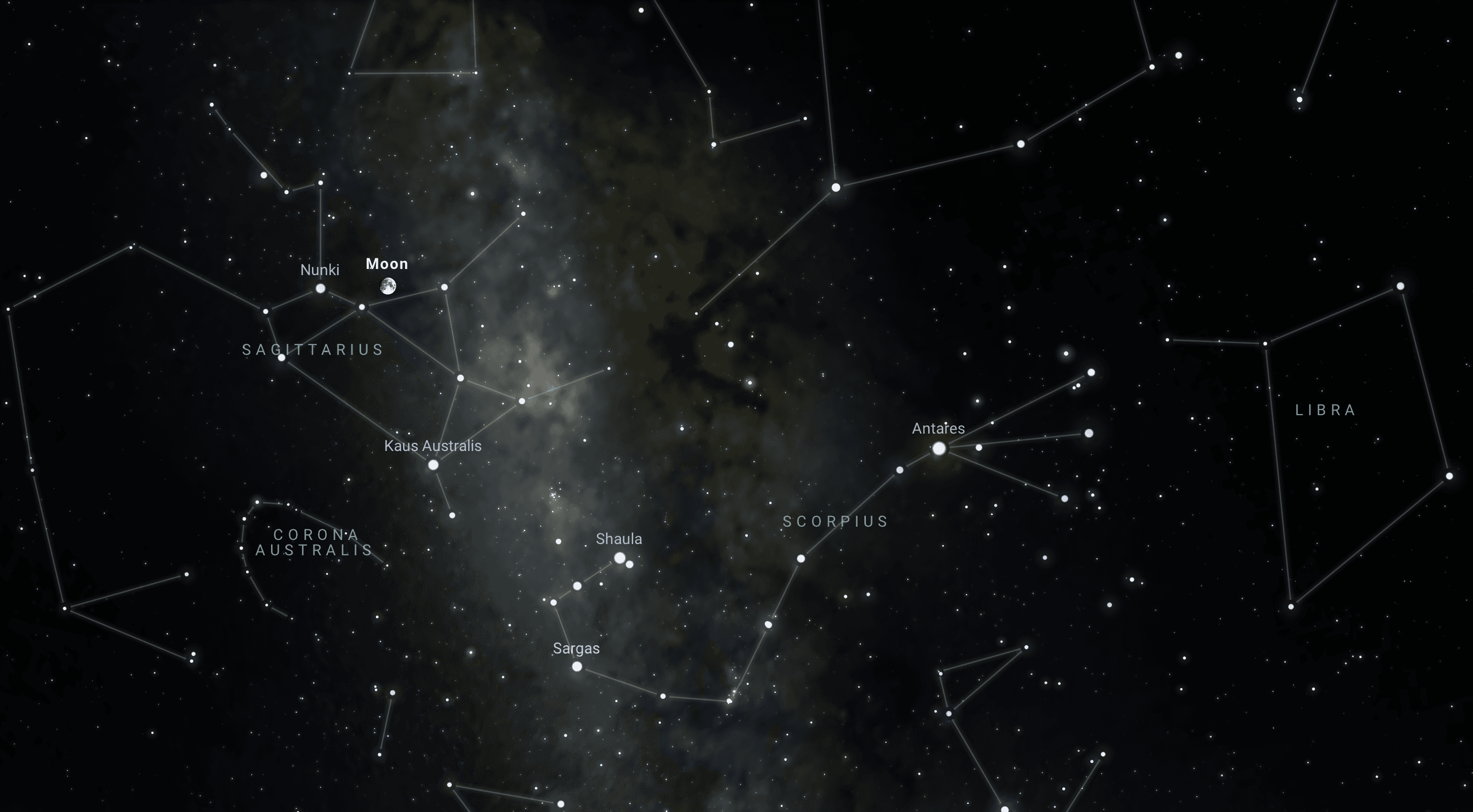 Celestial sky map showing constellations Sagittarius, Scorpius, and Libra