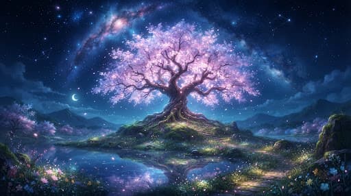 Glowing ancient tree in starlight background